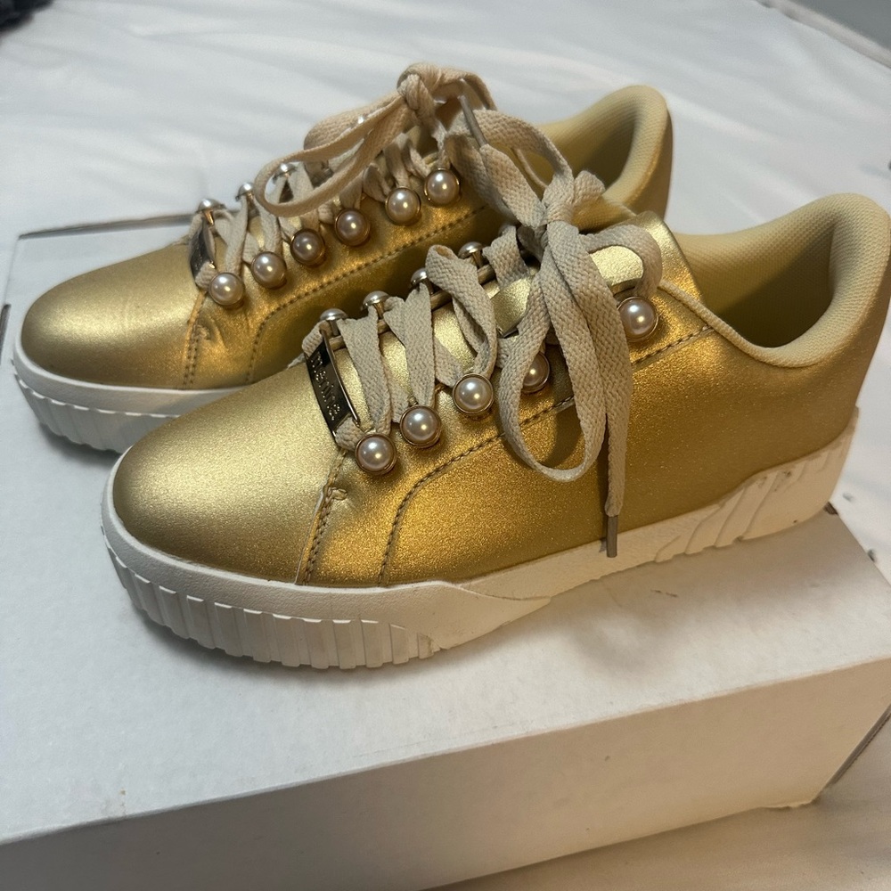 Gorgeous gold sneakers with pearl buttons NWOT